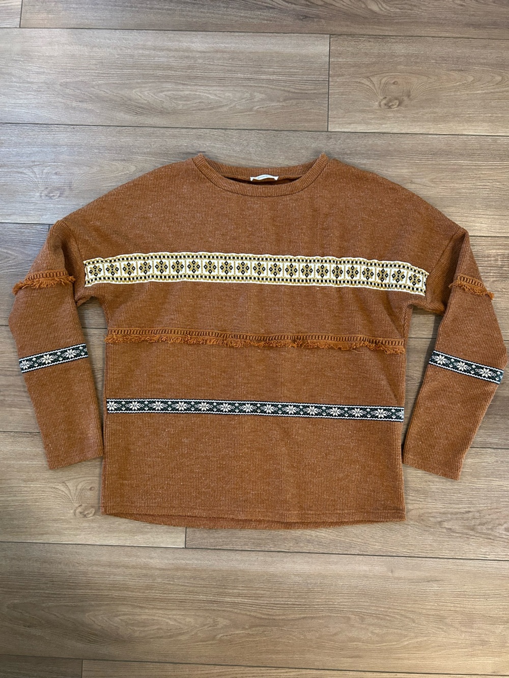 And The Why Rust Boho Sweater Top Small Fringe Trim Southwestern